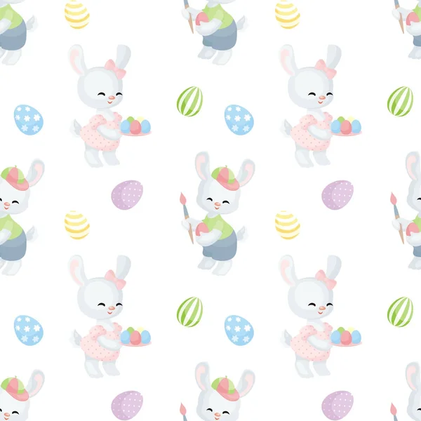 Patrón Sin Costuras Pascua Con Imagen Conejos Encantadores Huevos Pintados — Vector de stock