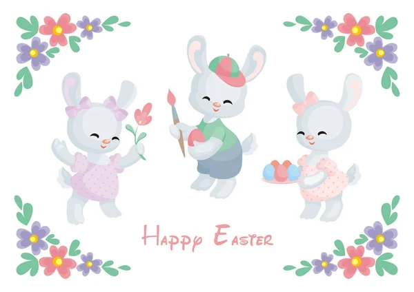 Velikonoční Přání Obrázkem Krásné Králíky Malovaných Vajec Vektorové Ilustrace — Stockový vektor