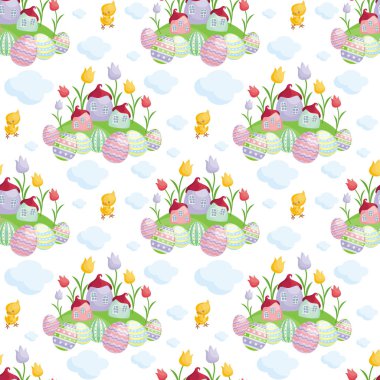 Paskalya sevimli civciv ve boyalı yumurta görüntü ile seamless modeli. Vektör arka plan.