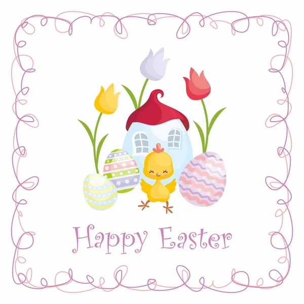 Tarjeta Felicitación Pascua Con Imagen Polluelo Lindo Huevos Pintados Ilustración — Vector de stock