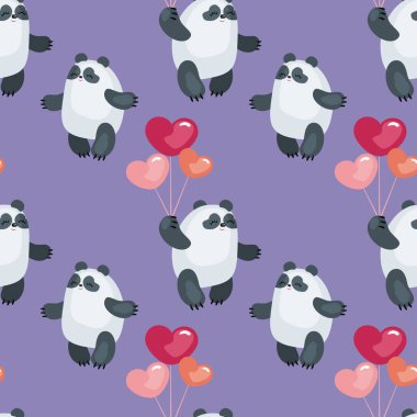 Sevimli pandalar ve kalpleri görüntü ile Seamless modeli. Renkli vektör arka plan.