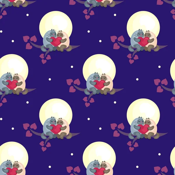 Seamless pattern with the image of cute cats and hearts. Colorful vector background.