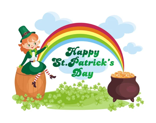 Bir cüce kız görüntüsü ile Saint Patricks Day poster. Beyaz arka plan üzerinde izole vektör çizim.