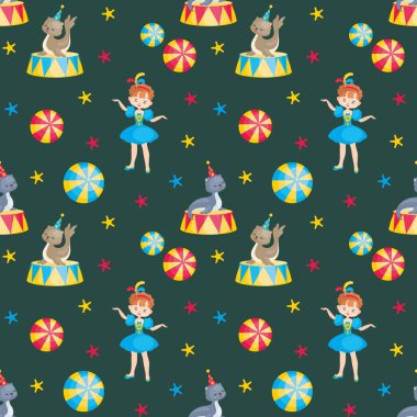 Çocuk eğitilmiş sirk hayvanların Image ile seamless modeli. Renkli vektör arka plan.