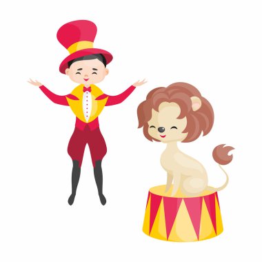 Karikatür tarzında eğitilmiş sirk hayvanı vektör görüntüsü. Beyaz arka plan üzerinde izole renkli çizimler.