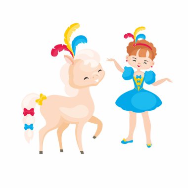 Karikatür tarzında eğitilmiş sirk hayvanı vektör görüntüsü. Beyaz arka plan üzerinde izole renkli çizimler.