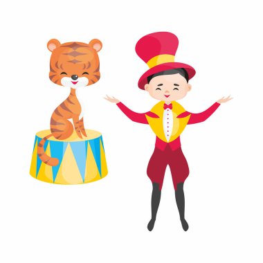 Karikatür tarzında eğitilmiş sirk hayvanı vektör görüntüsü. Beyaz arka plan üzerinde izole renkli çizimler.