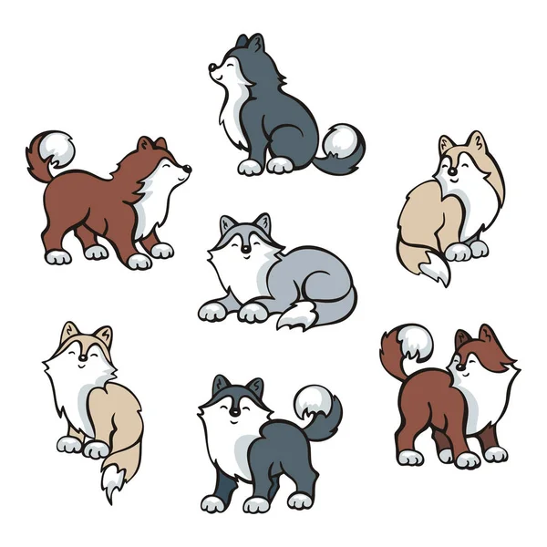 Komik Husky Köpekleri Saldı Beyaz Arka Plan Üzerinde Izole Doodle — Stok Vektör