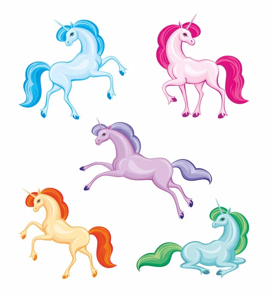 Conjunto Vectorial Hermosos Unicornios Fantásticos Ilustraciones Coloridas Aisladas Sobre Fondo — Archivo Imágenes Vectoriales