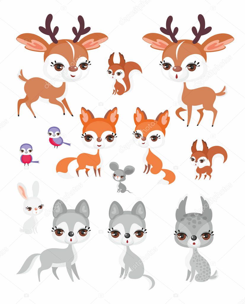 The image of cute forest animals in cartoon style. Childrens illustration. Vector set.