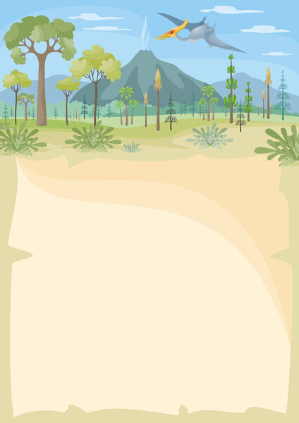 Vertical vector background with the image of a prehistoric landscape and pterosaur. Colorful illustration in cartoon style.