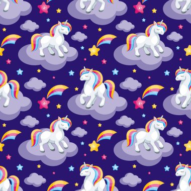 Peri çocuk seamless modeli görüntü ile şirin tek boynuzlu atlar. Renkli vektör arka planda karikatür tarzı.