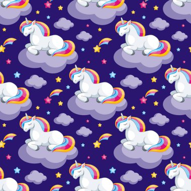 Peri çocuk seamless modeli görüntü ile şirin tek boynuzlu atlar. Renkli vektör arka planda karikatür tarzı.