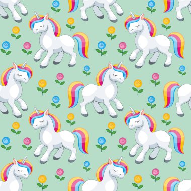 Peri çocuk seamless modeli görüntü ile şirin tek boynuzlu atlar. Renkli vektör arka planda karikatür tarzı.