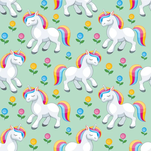 Fairy children seamless pattern with the image of cute unicorns. Colorful vector background in cartoon style.