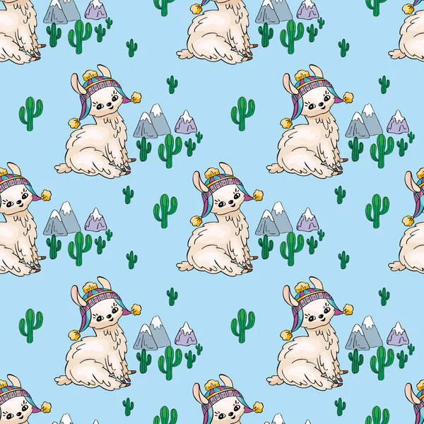 Modèle Sans Couture Avec Image Mignons Lamas Dans Style Doodle — Image vectorielle