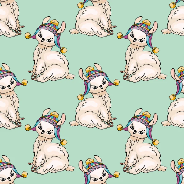 Seamless pattern with the image of cute llamas in doodle style. Colorful vector background