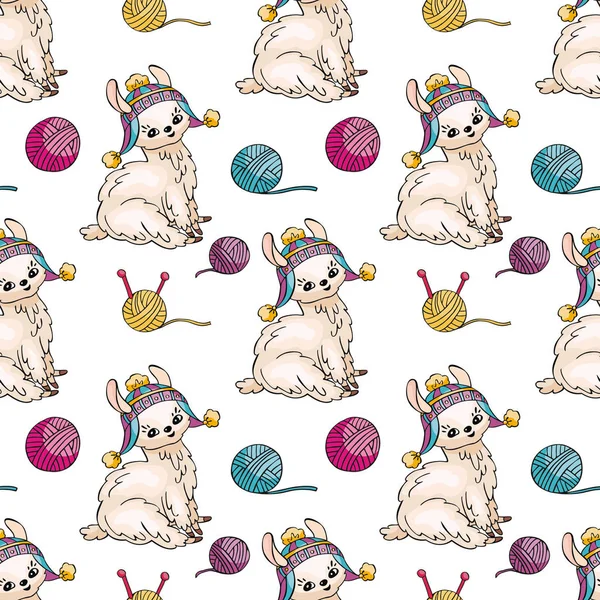 Modèle Sans Couture Avec Image Mignons Lamas Dans Style Doodle — Image vectorielle