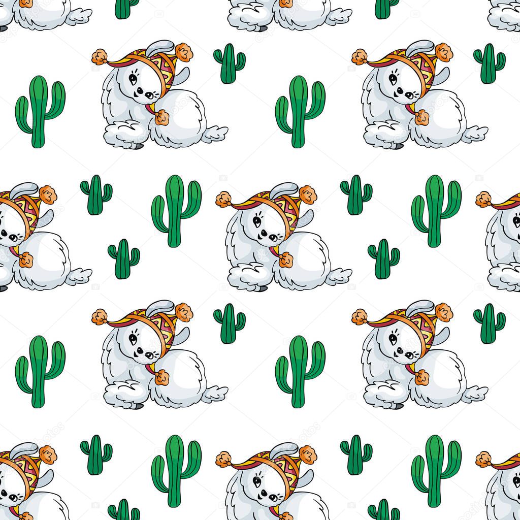 Seamless pattern with the image of cute llamas in doodle style. Colorful vector background