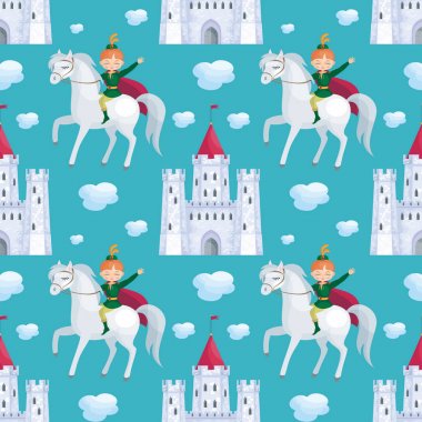 Resmi bir masal kalesi ve Prens olan renkli seamless modeli. Vektör backgroundcolorful seamless modeli resmi bir masal kalesi olan Ejder, Prenses ve Prens. Vektör arka plan..