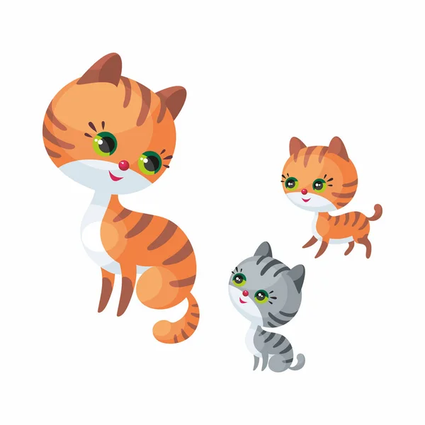 Gato Bonito Com Gatinhos Ilustração Vetorial Estilo Cartoon Isolado Fundo — Vetor de Stock