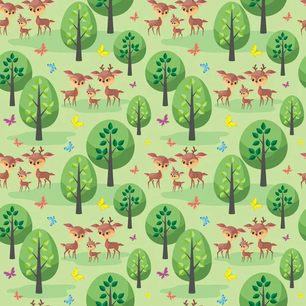 Deer family. Seamless pattern with cute animals and their cubs. Colorful vector background in cartoon style.