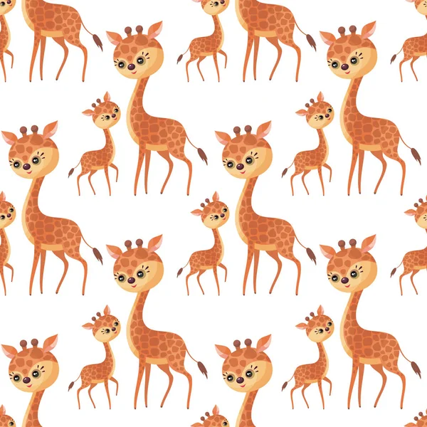 Žirafí Rodinka Vzor Bezešvé Roztomilá Zvířata Jejich Mláďata Barevné Vektorové — Stockový vektor