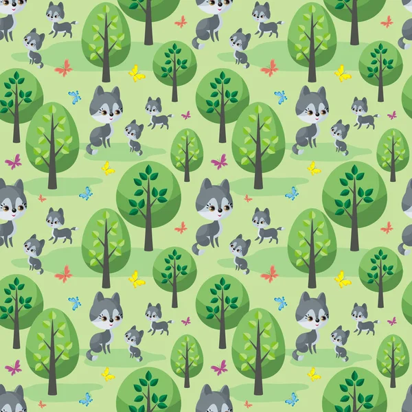 Wolf family. Seamless pattern with cute animals and their cubs. Colorful vector background in cartoon style.