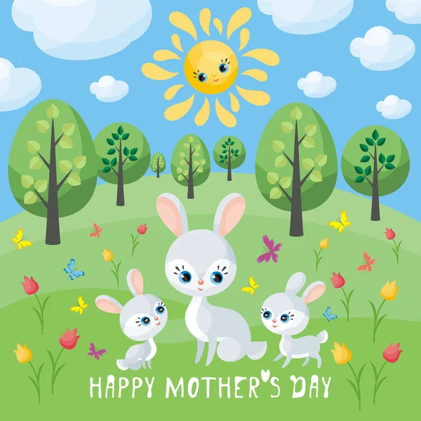 Rabbit Family Mothers Day Greeting Card Cute Animals Cubs Colorful — Stock Vector