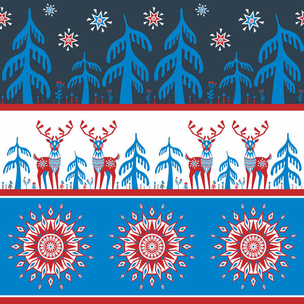 Decorative seamless pattern in folk style with reindeer image. Colorful vector background.