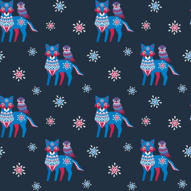 Kurt ve baykuş ile halk tarzında dekoratif seamless modeli. Renkli vektör arka plan.