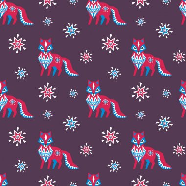 Kızıl Tilki ile halk tarzında dekoratif seamless modeli. Renkli vektör arka plan.