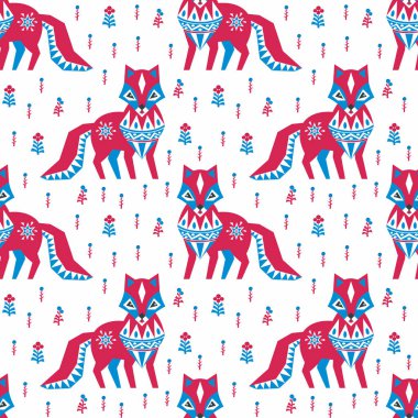 Kızıl Tilki ile halk tarzında dekoratif seamless modeli. Renkli vektör arka plan.