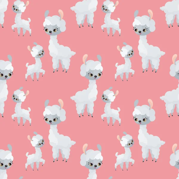 Seamless pattern with the image of cute llamas in cartoon style. Colorful vector background