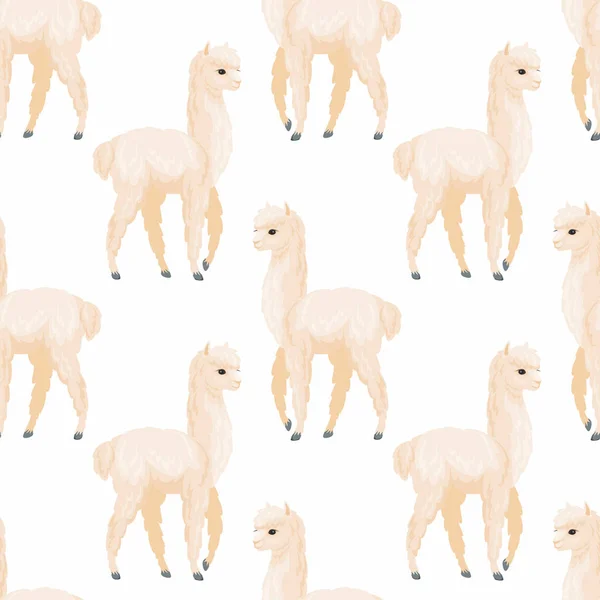 Seamless pattern with the image of cute alpaca in cartoon style. Colorful vector background