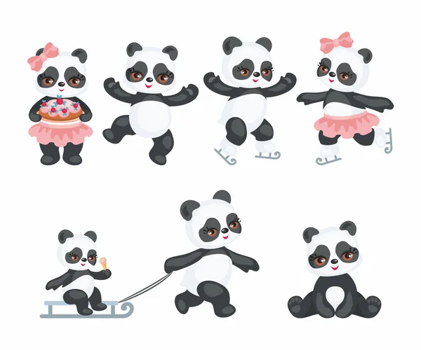Schattige Panda Een Cartoon Stijl Kinderen Vector Illustraties Instellen Witte — Stockvector