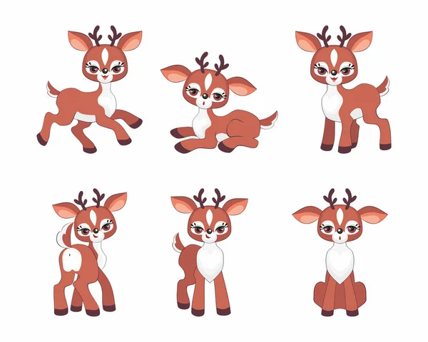 Cute Little Fawn Set Vector Illustrations Isolated White Background — Stock Vector