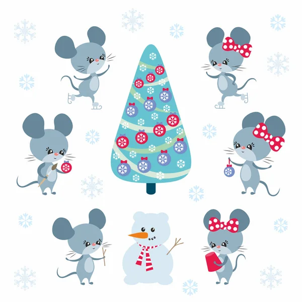 Cute Myszy Zestaw Stylu Kreskówki Ilustracje Wektora Bożego Narodzenia Izolowane — Wektor stockowy