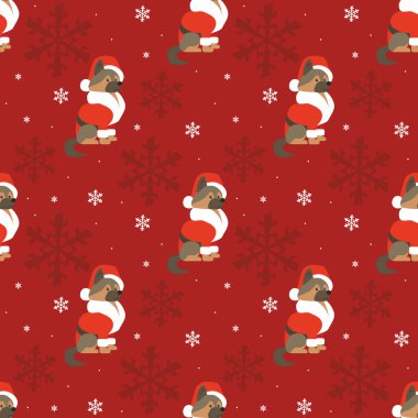 Renkli, pürüzsüz desenli, Noel kostümlü şirin bir köpek. Vektör arkaplanı.