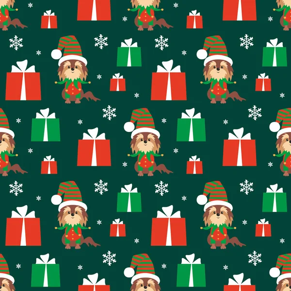 Colorful Seamless Pattern Cute Dog Christmas Costume Vector Background — ストックベクタ