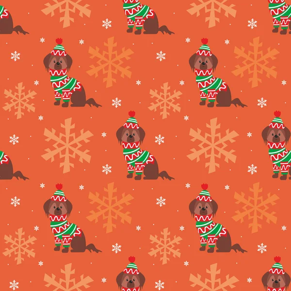 Colorful seamless pattern with cute dog in Christmas costume. Vector background.