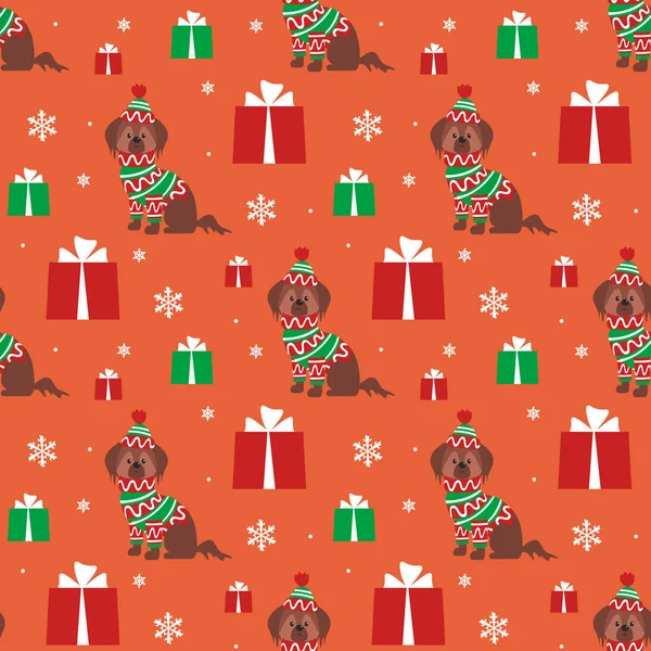 Colorful seamless pattern with cute dog in Christmas costume. Vector background.