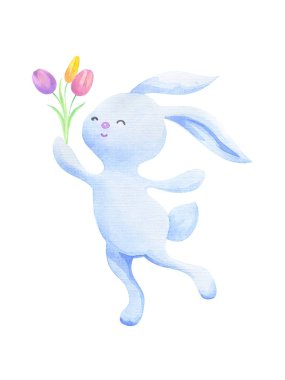 Bahar çiçekli şirin Paskalya tavşanı. Beyaz arkaplanda izole edilmiş suluboya el çizimi.