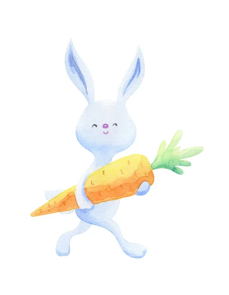 Lindo Conejito Pascua Con Zanahoria Acuarela Ilustración Dibujada Mano Aislada — Foto de Stock