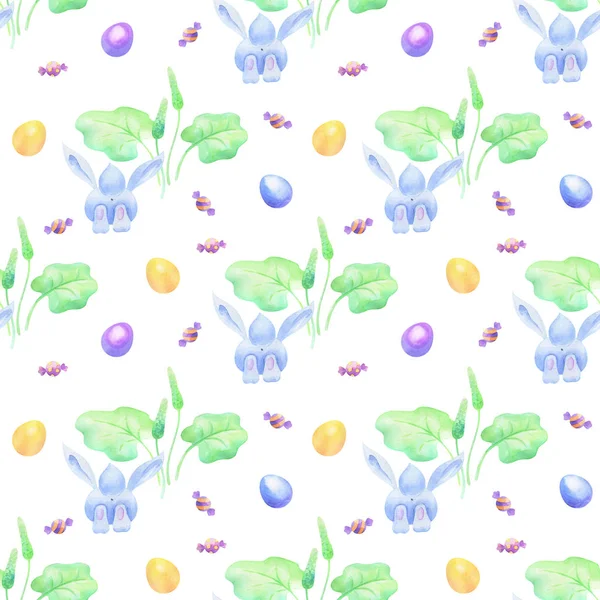 Wielkanoc Bezproblemowe Wzory Ręcznie Rysowane Słodkie Króliczki Kolorowe Jaja Akwarela — Zdjęcie stockowe