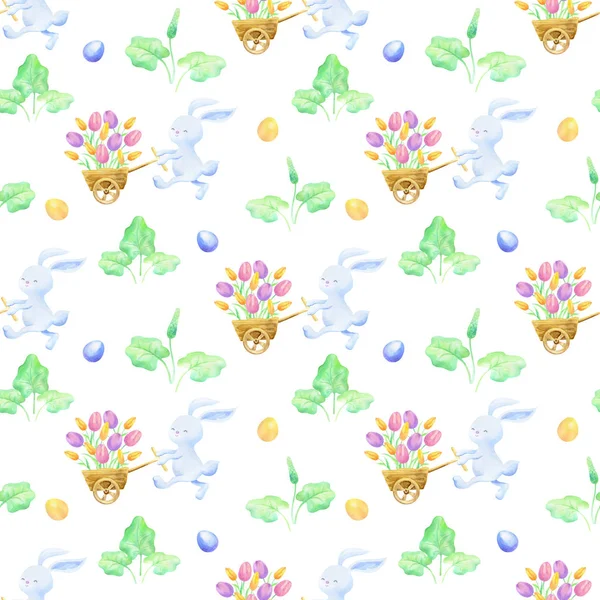 Easter seamless patterns with hand drawn cute bunnies and colored eggs. Watercolor colorful background