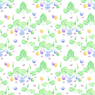 Paskalya desenleri, elle çizilmiş şirin tavşanlar ve renkli yumurtalar. Suluboya renkli arkaplan