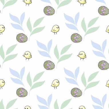Tatlı tavuklar ve renkli yumurtalarla paskalya desensiz. Renkli vektör arkaplanı.