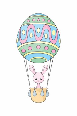 Paskalya tasarımı, şirin tavşan ve aerostat. Beyaz arkaplanda izole edilmiş renkli vektör illüstrasyonu.