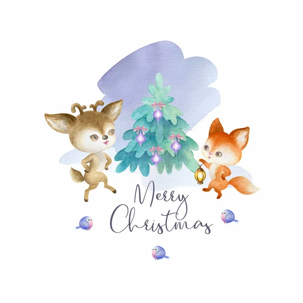 Poster Natal Dengan Hewan Hutan Yang Lucu Ilustrasi Cat Air — Stok Foto
